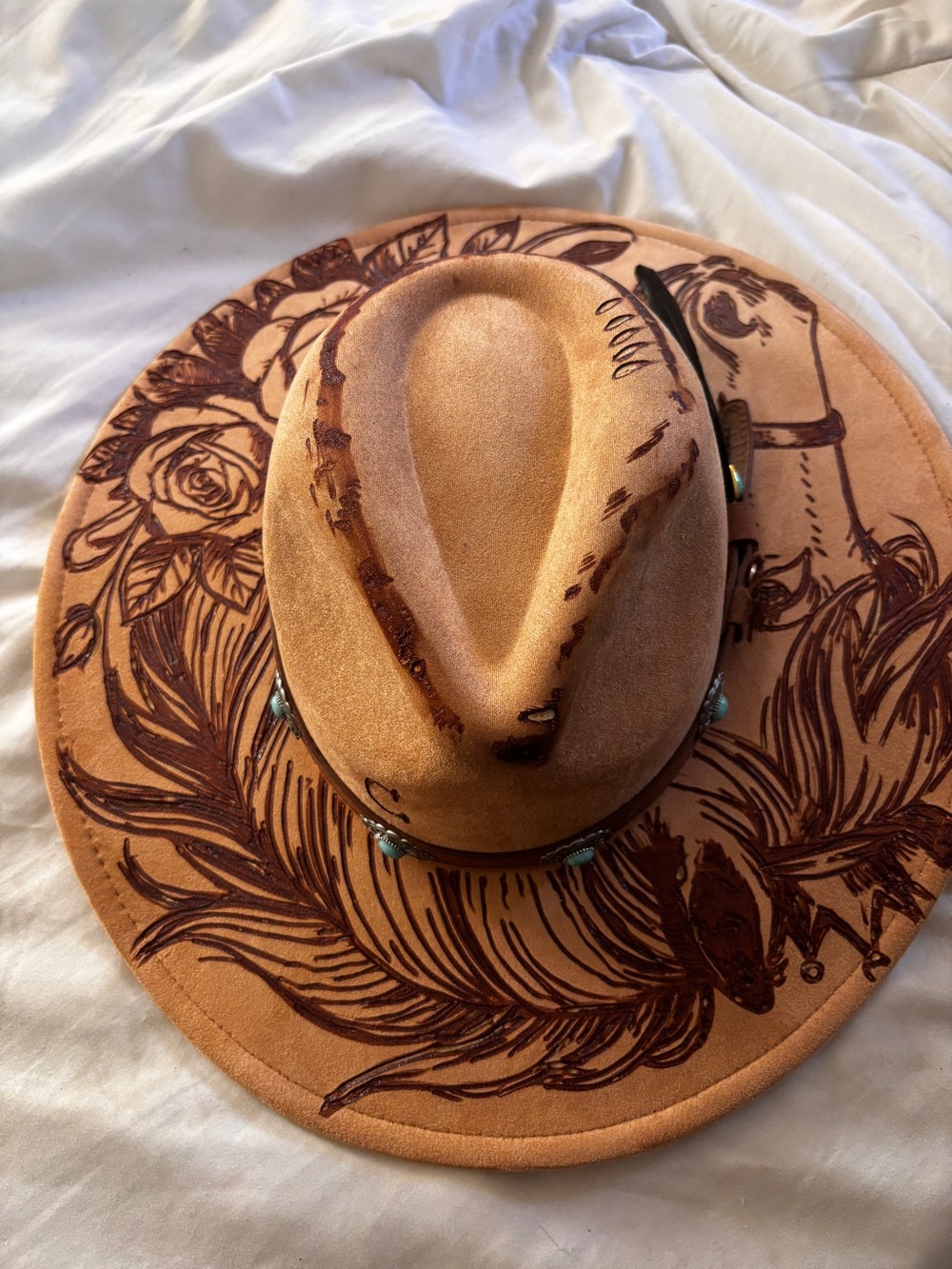 Hand-Tooled Tan Faux Suede Western Hat with Turquoise Accents